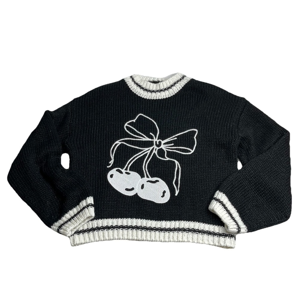 Forever 21 Chunky Black White Pullover Sweater S‎ Cherries Cropped Y2K Retro